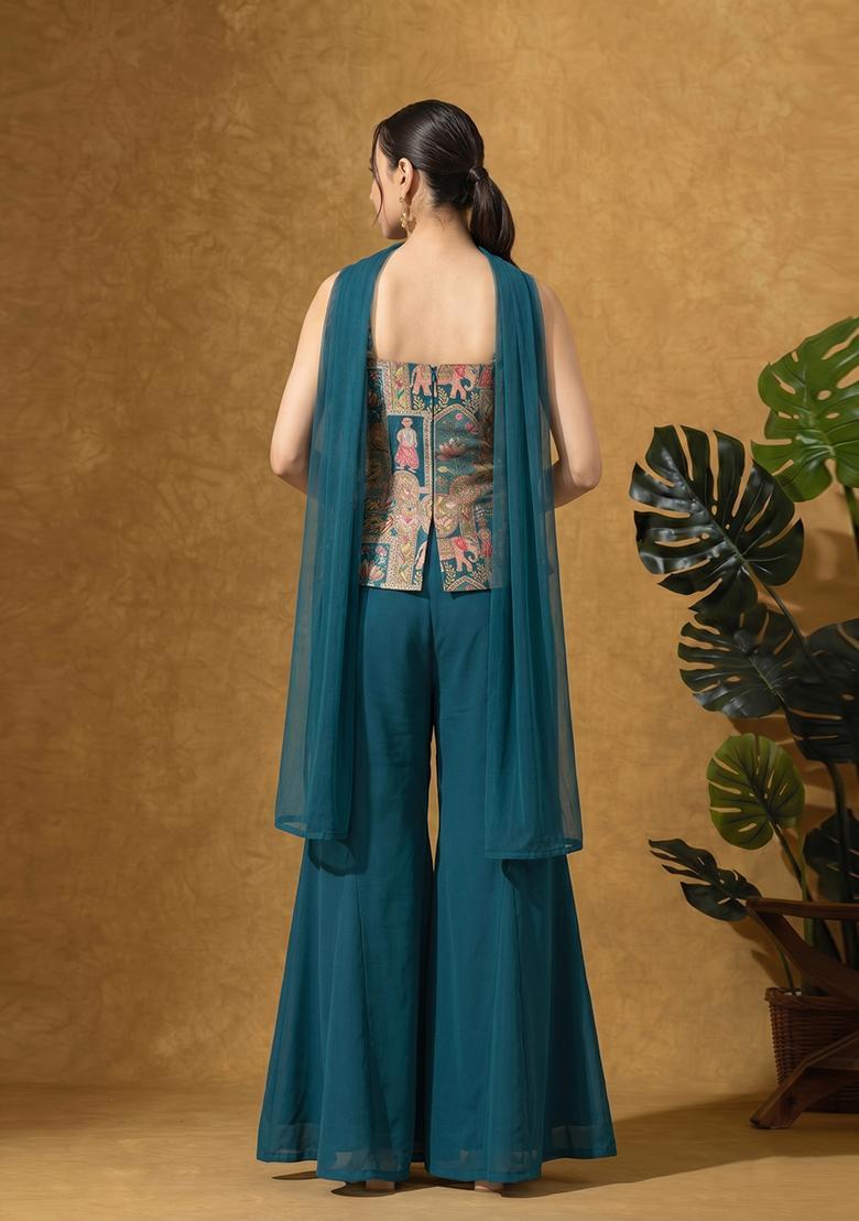 Teal Jacquard Silk Sharara Set - Indya