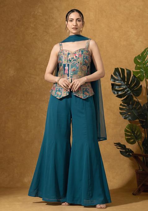 Teal Silk Blend Printed Sharara Set