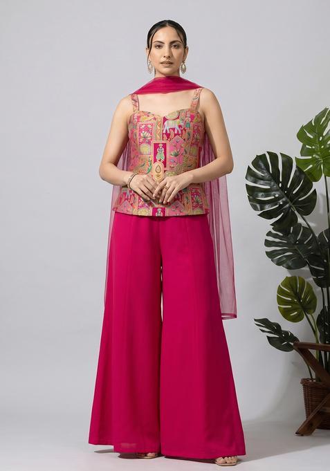 Rani Pink Silk Blend Printed Sharara Set