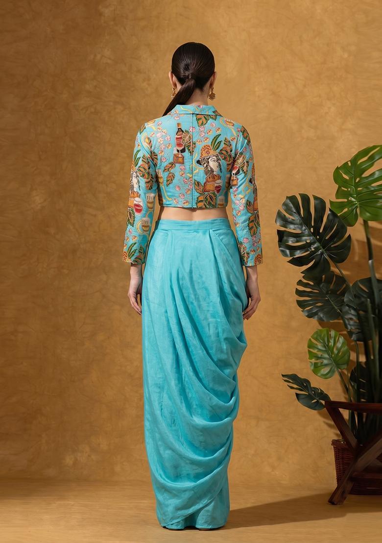 Sky Blue Printed Crepe Fusion Set - Indya