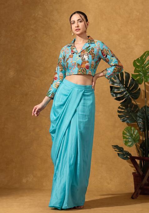Sky Blue Printed Crepe Fusion Set