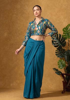 Teal Printed Crepe Fusion Set