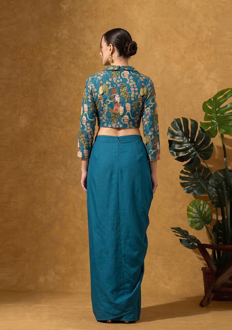 Teal Printed Crepe Fusion Set - Indya