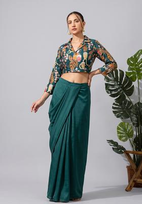Bottle Green Silk Blend Printed Fusion Set