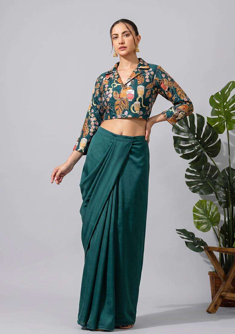 Bottle Green Silk Blend Printed Fusion Set - Indya