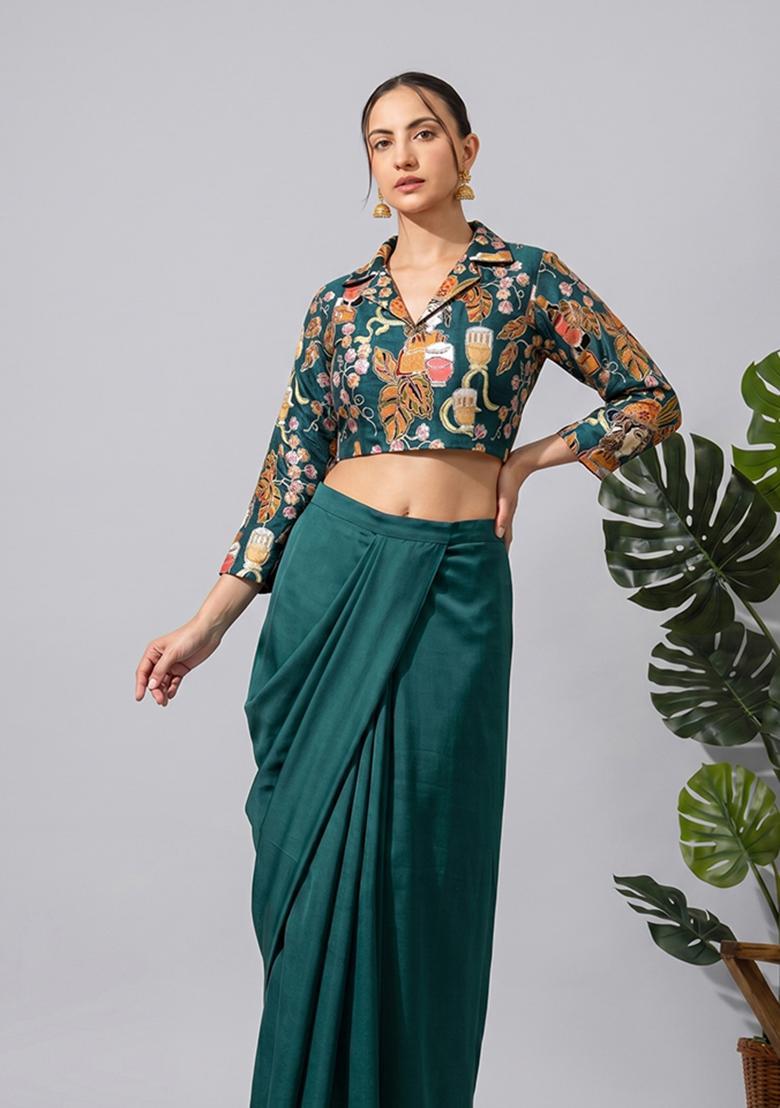 Bottle Green Silk Blend Printed Fusion Set - Indya