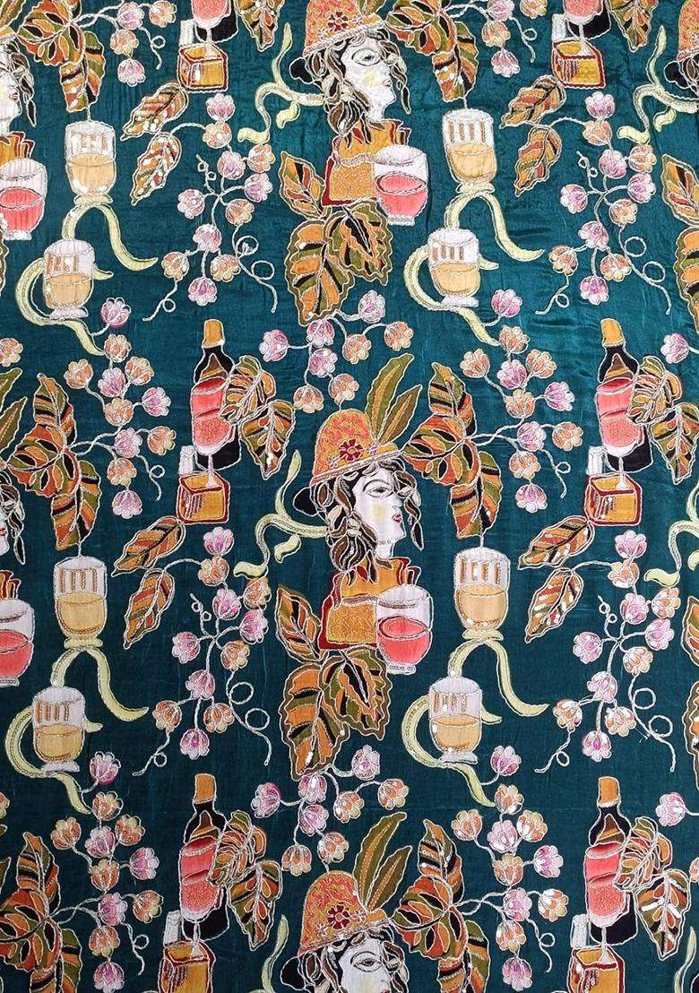 Bottle Green Silk Blend Printed Fusion Set - Indya