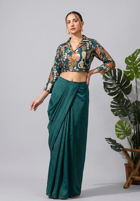 Bottle Green Silk Blend Printed Fusion Set