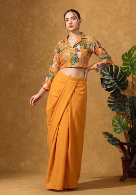 Mustered Yellow Silk Blend Printed Fusion Set