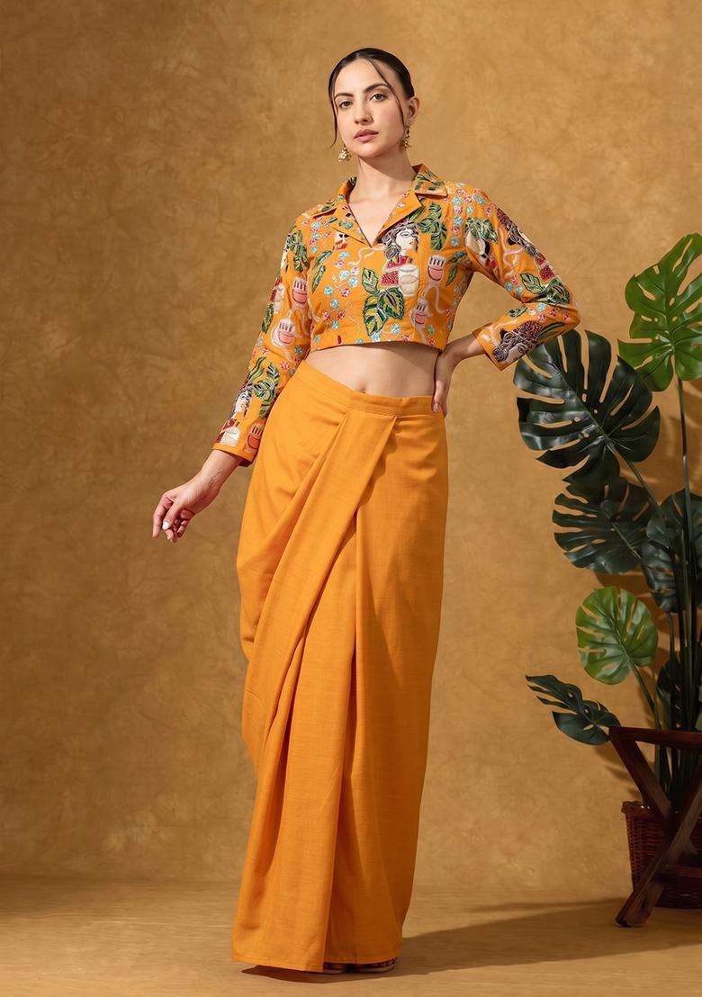 Mustered Yellow Silk Blend Printed Fusion Set - Indya