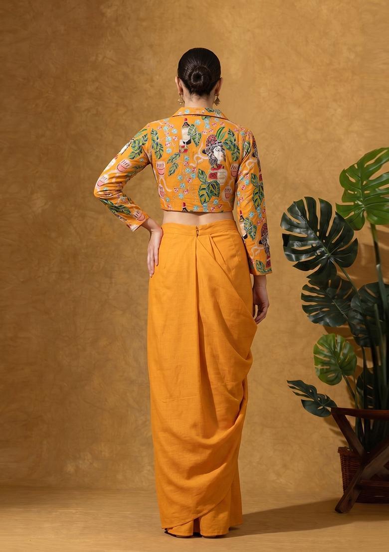 Mustered Yellow Silk Blend Printed Fusion Set - Indya