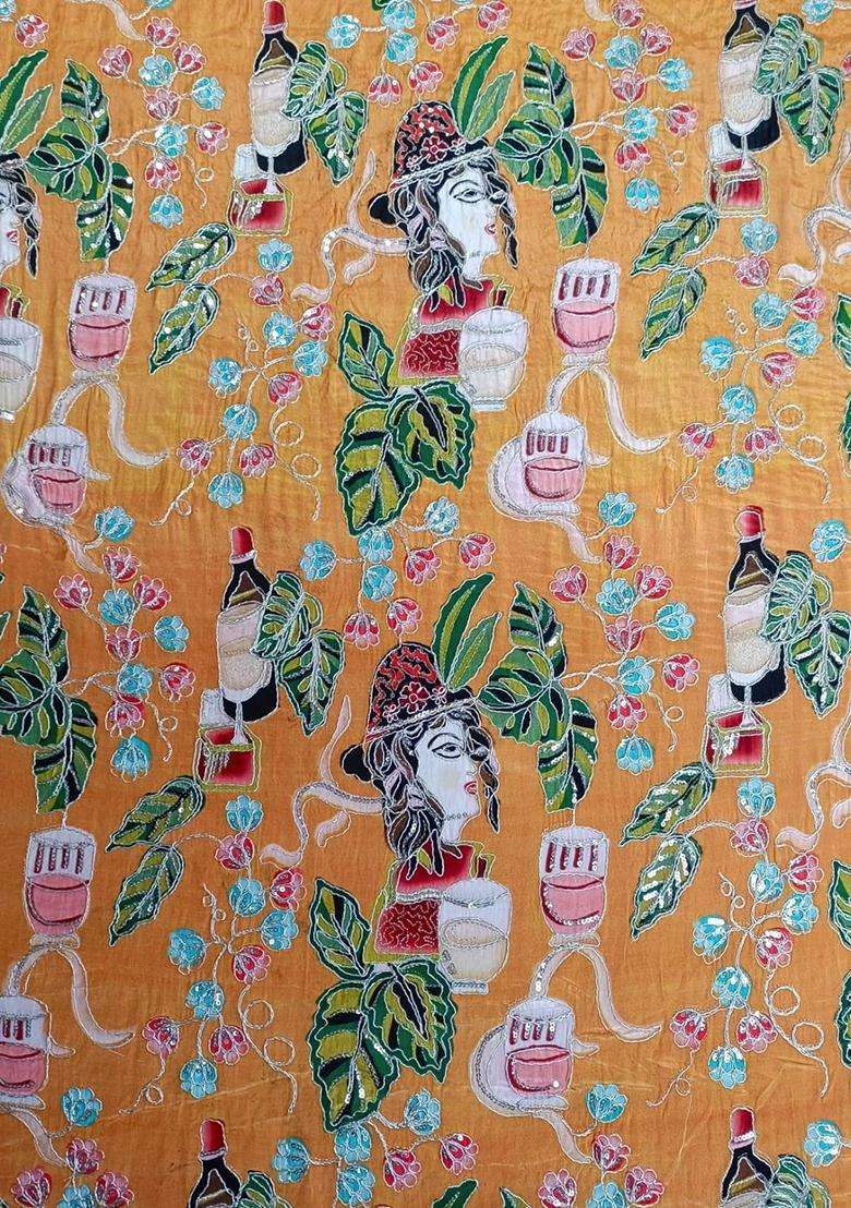 Mustered Yellow Silk Blend Printed Fusion Set - Indya