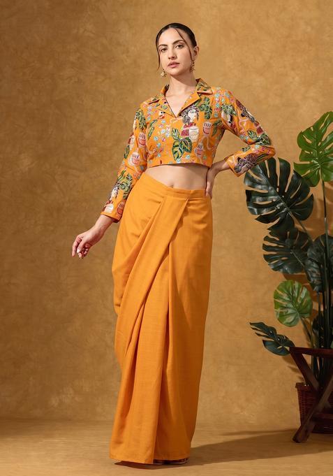 Mustered Yellow Silk Blend Printed Fusion Set