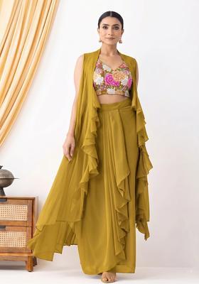 Olive Green Printed Crepe Fusion Set