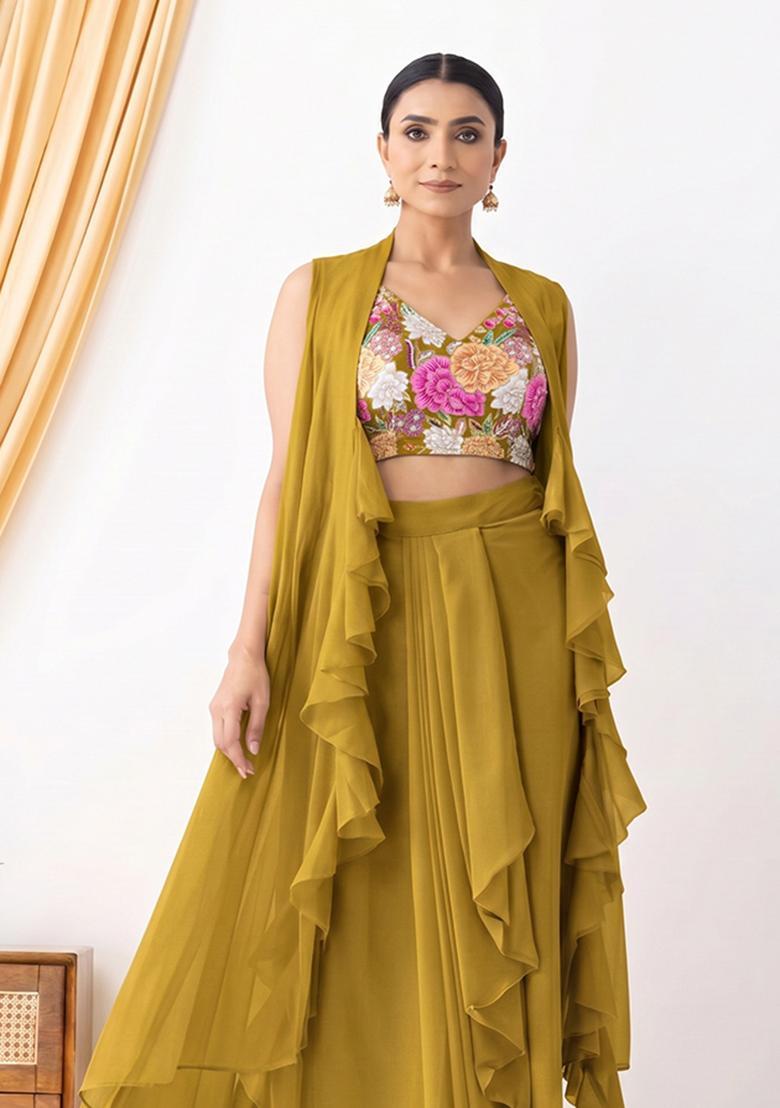 Olive Green Printed Crepe Fusion Set - Indya