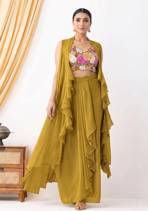 Olive Green Silk Blend Embroidered Fusion Set