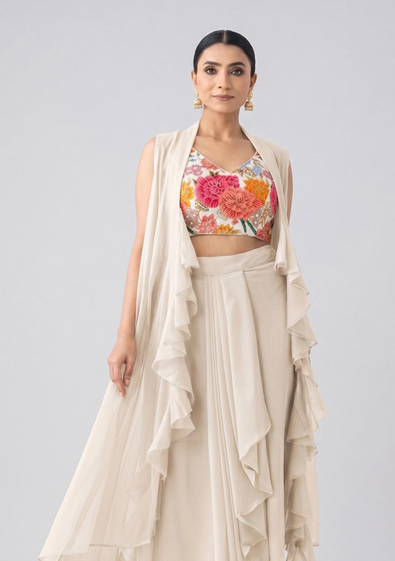 White Printed Crepe Fusion Set - Indya
