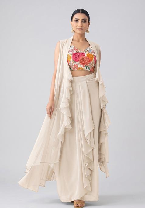 White Silk Blend Embroidered Fusion Set