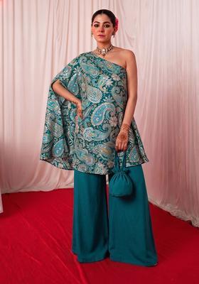 Teal Green Printed Crepe Fusion Set