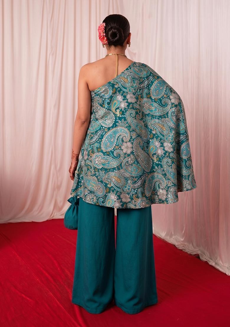 Teal Green Printed Crepe Fusion Set - Indya