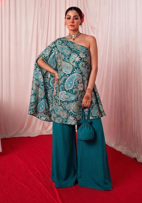 Teal Green Silk Blend Embroidered Fusion Set