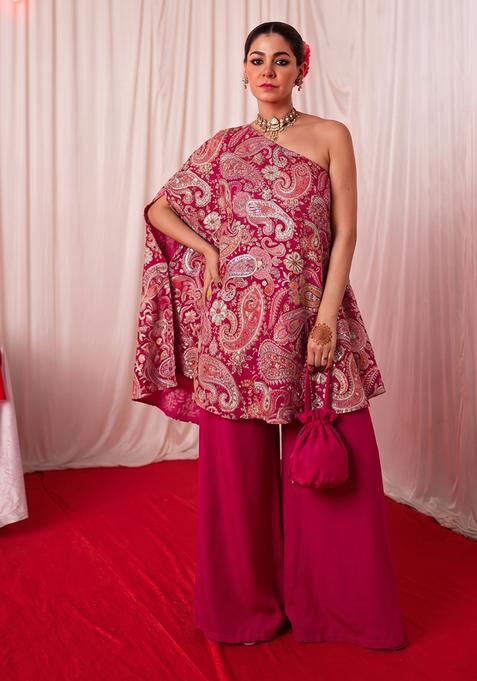 Rani Pink Silk Blend Embroidered Fusion Set