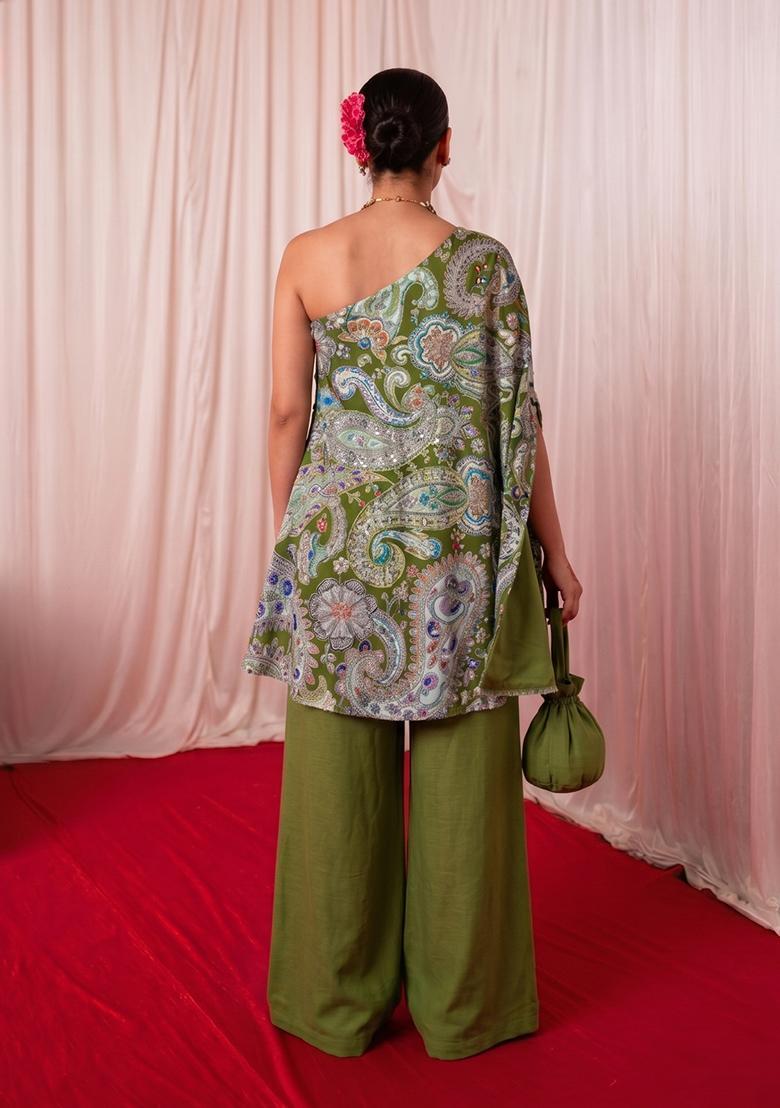 Olive Green Printed Crepe Fusion Set - Indya
