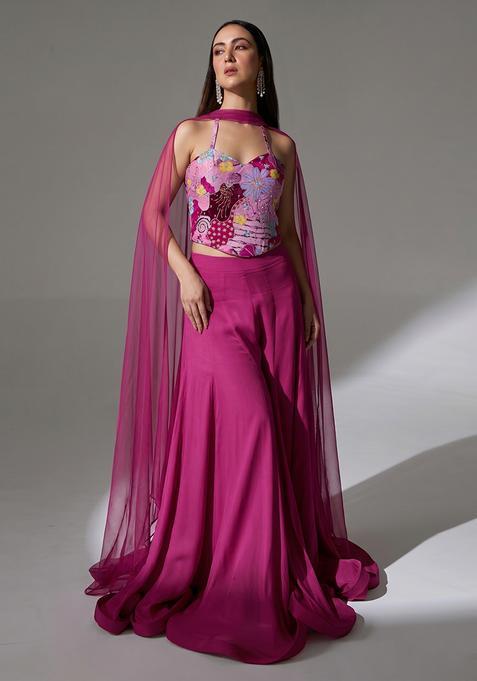 Rani Pink Printed Crepe Lehenga Set