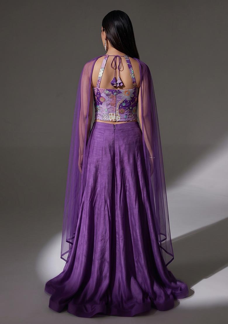 Purple Printed Crepe Lehenga Set - Indya