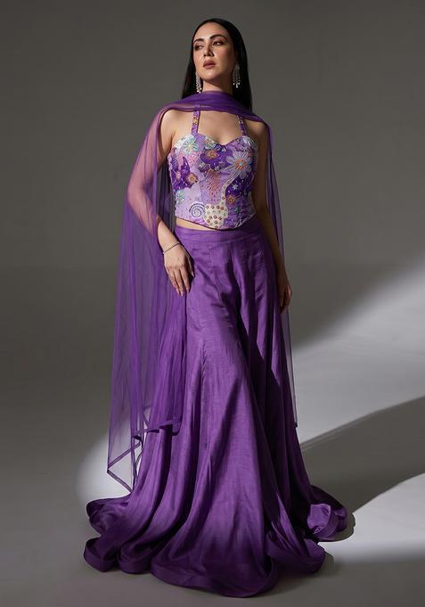 Purple Silk Blend Embroidered Lehenga Set