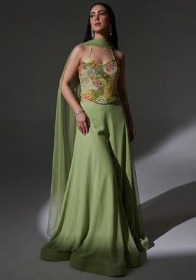 Olive Green Printed Crepe Lehenga Set