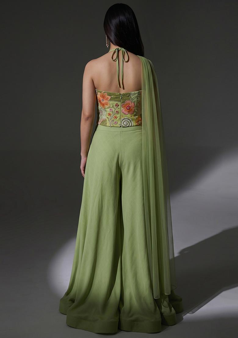 Olive Green Printed Crepe Lehenga Set - Indya