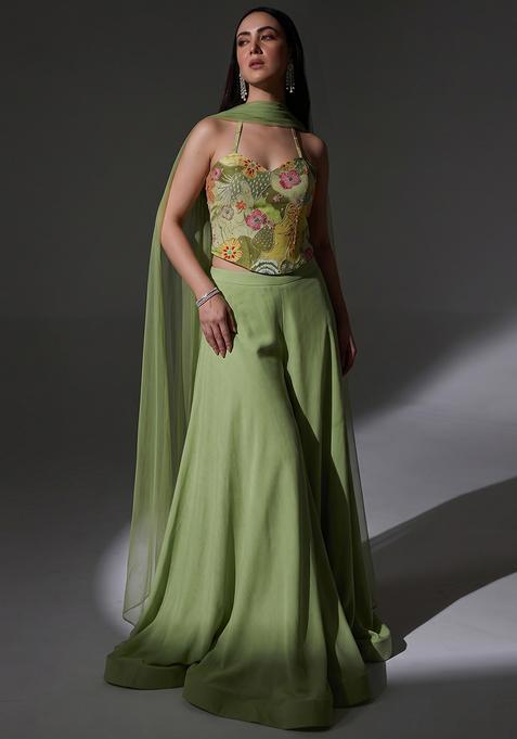Olive Green Silk Blend Embroidered Lehenga Set