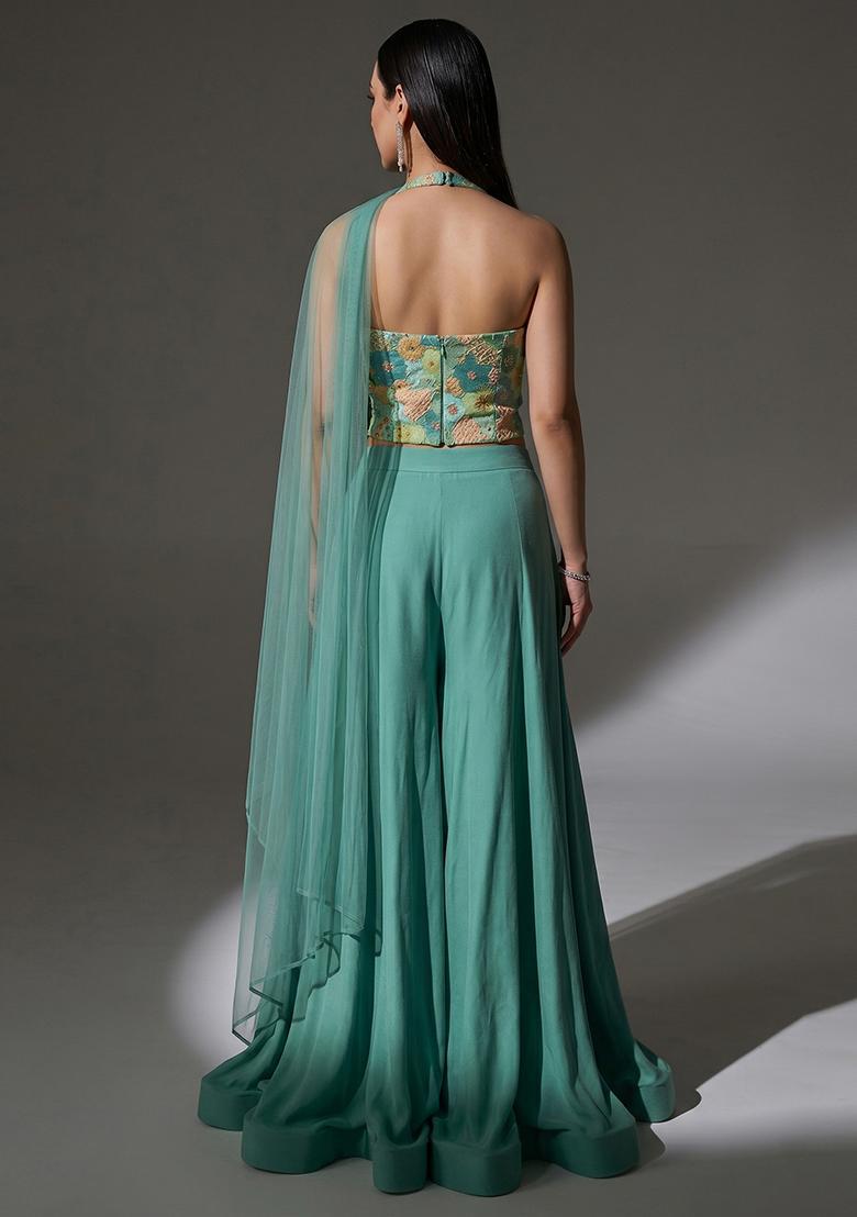 Teal Green Printed Crepe Lehenga Set - Indya