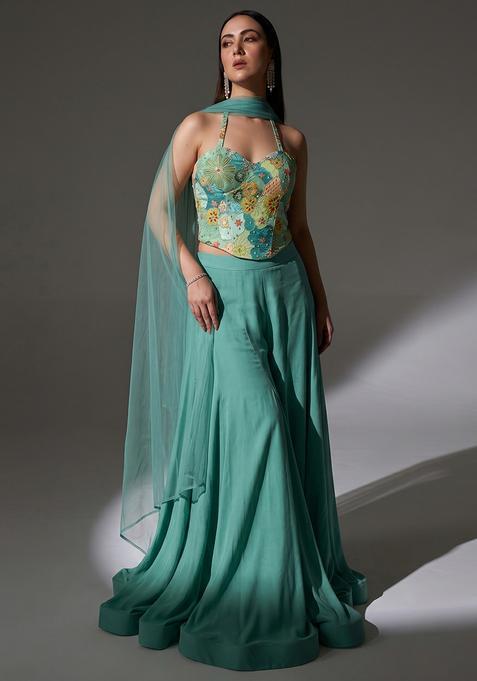 Teal Green Silk Blend Embroidered Lehenga Set