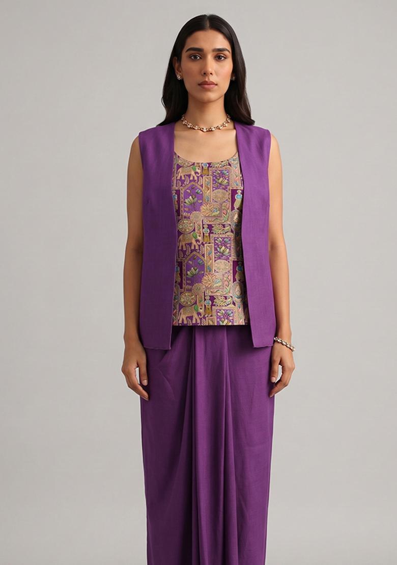 Purple Jacquard Silk Fusion Set - Indya