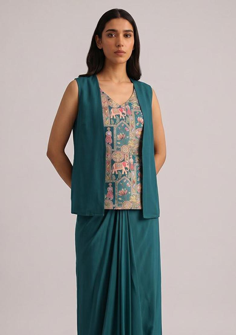 Bottle Green Silk Blend Printed Fusion Set - Indya