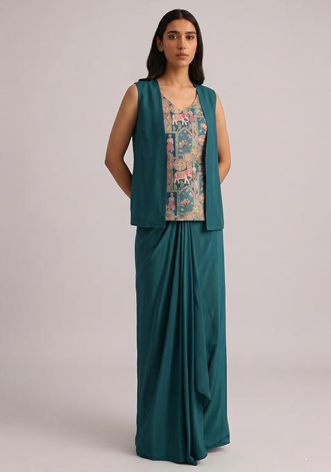 Bottle Green Silk Blend Printed Fusion Set