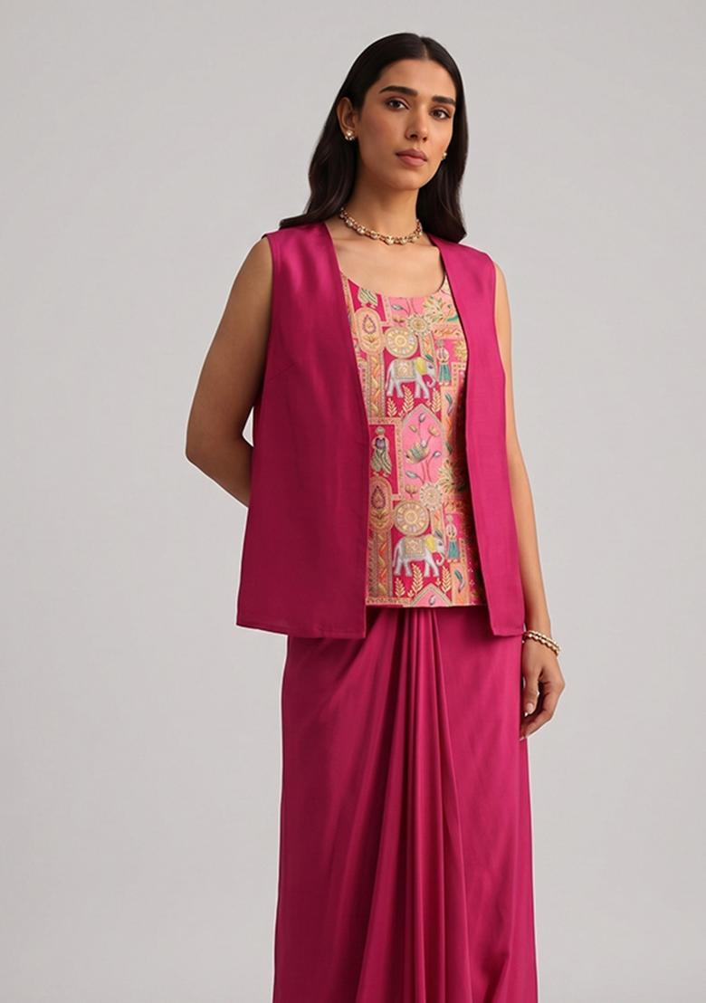 Rani Pink Jacquard Silk Fusion Set - Indya