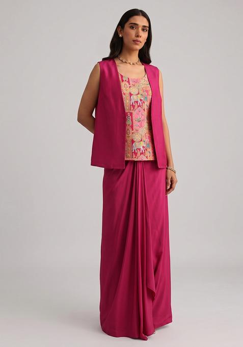 Rani Pink Silk Blend Printed Fusion Set