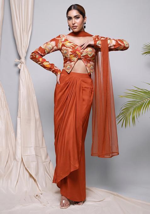 Rust Georgette Embroidered Fusion Set