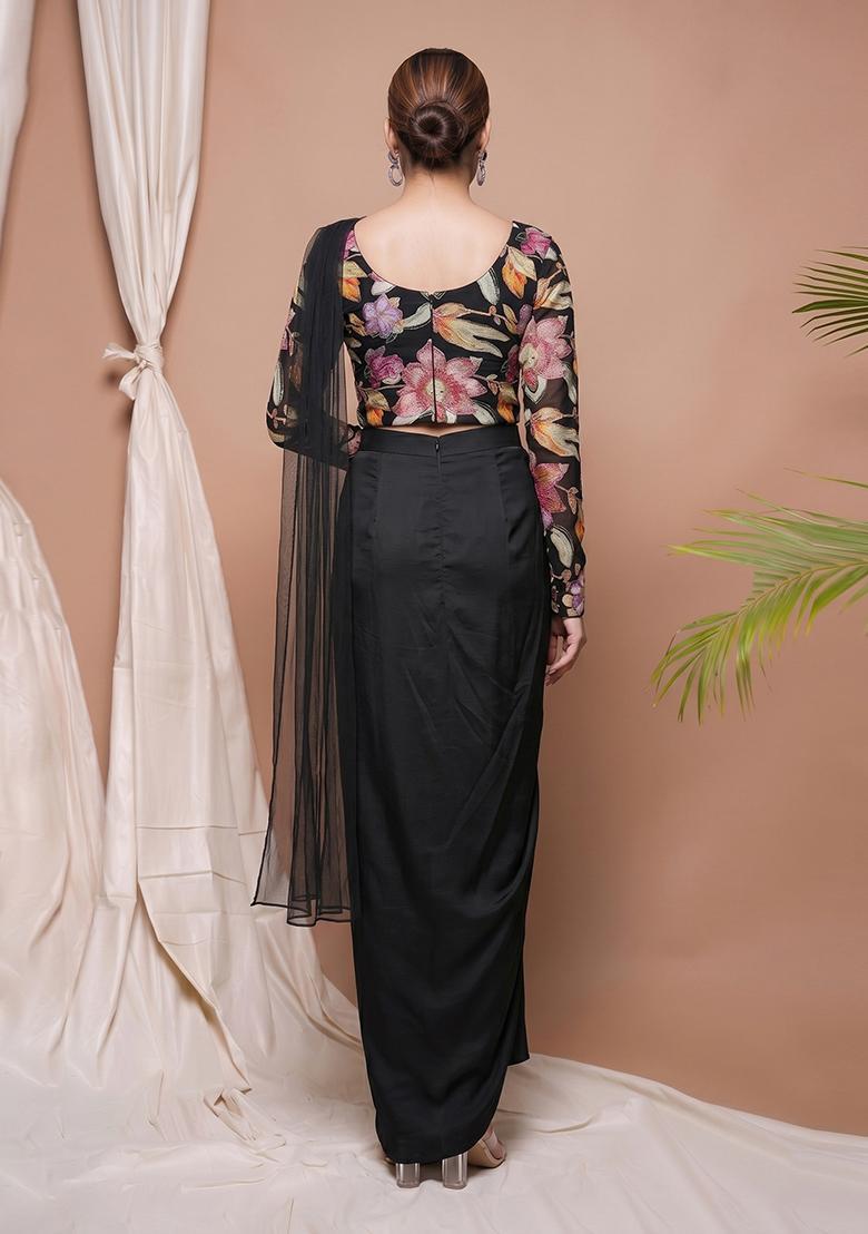 Black Printed Chinon Fusion Set - Indya