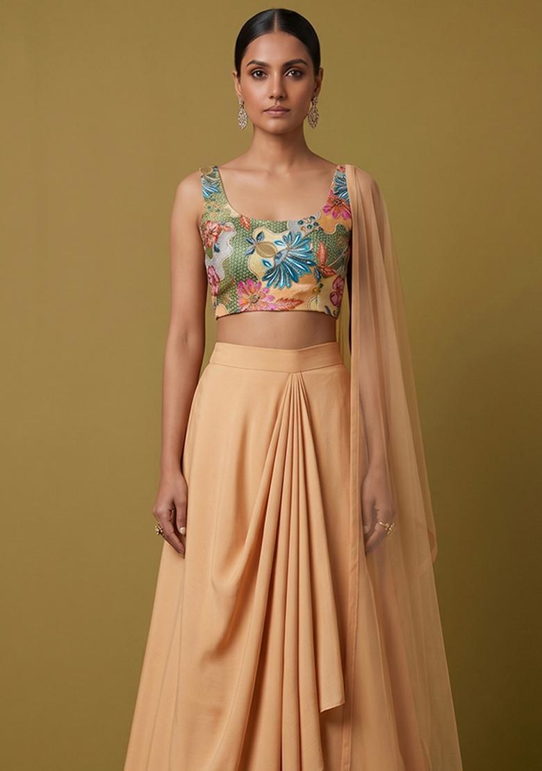 Peach Embroidered Silk Blend Lehenga Set - Indya