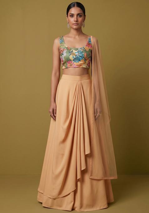Peach Embroidered Silk Lehenga Set