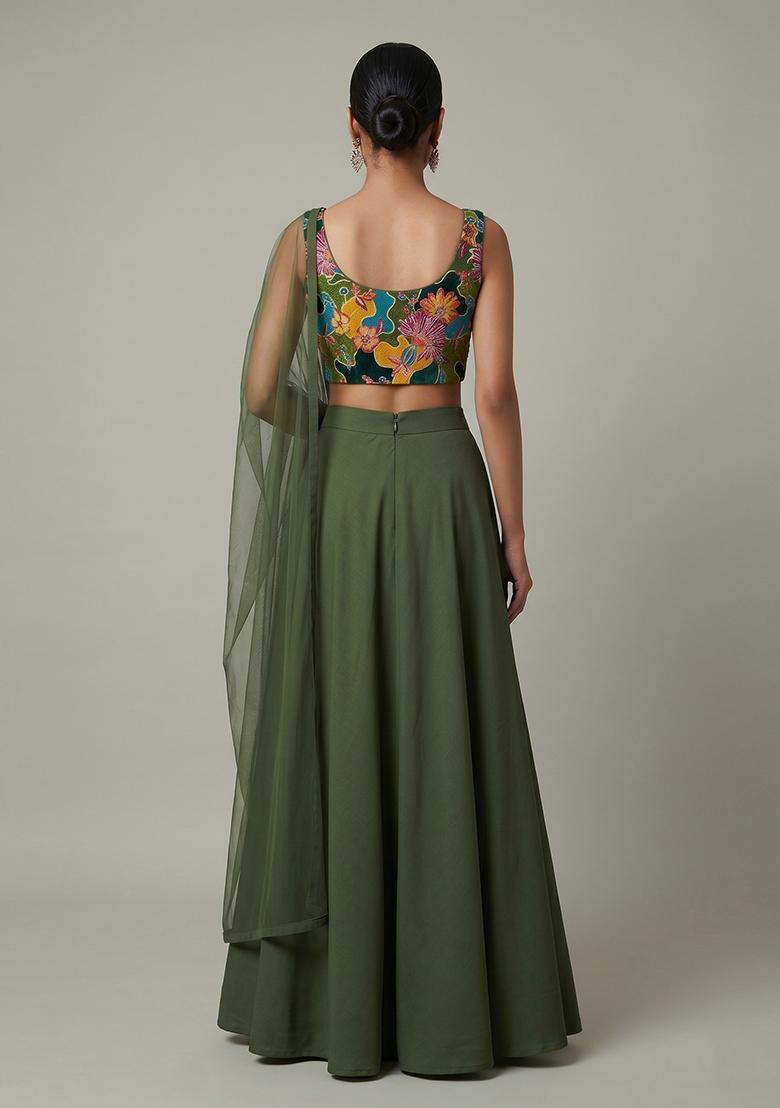 Olive Green Embroidered Silk Blend Lehenga Set - Indya