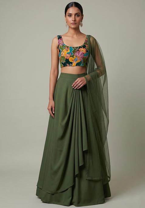 Olive Green Velvet Embroidered Lehenga Set