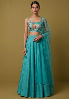 Teal Embroidered Silk Blend Lehenga Set
