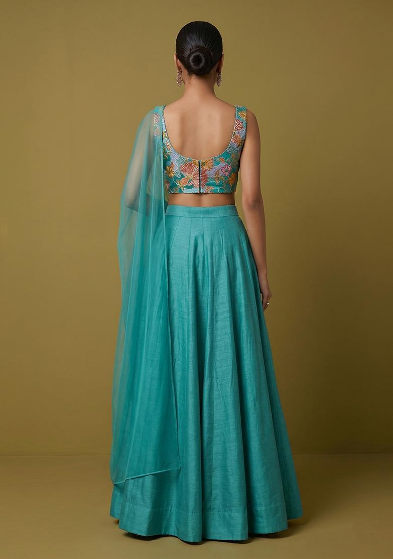 Teal Embroidered Silk Blend Lehenga Set - Indya