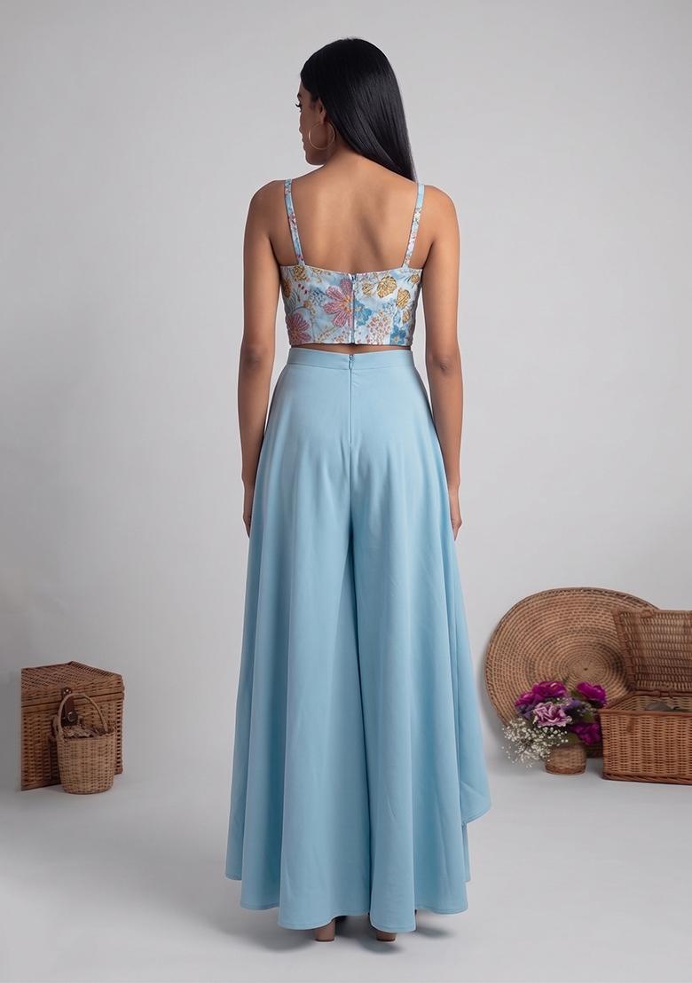 Sky Blue Printed Crepe Fusion Set - Indya