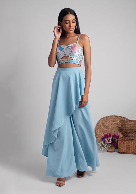 Sky Blue Printed Crepe Fusion Set